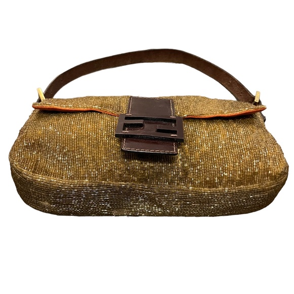 FENDI Leather Beaded Baguette Shoulder Bag in Gold - Picture 3 of 7